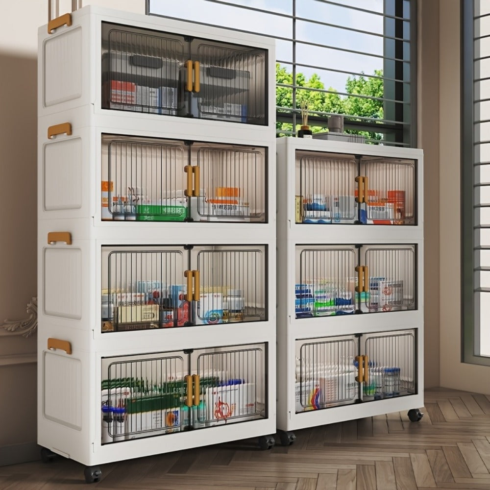Stackable Rolling Medicine Cabinet Organizer with Lid & Casters Transparent, Large Capacity Foldable 3-6 Tier PP Plastic Storage Box for Bathroom Home Office Dorm Toilet Paper