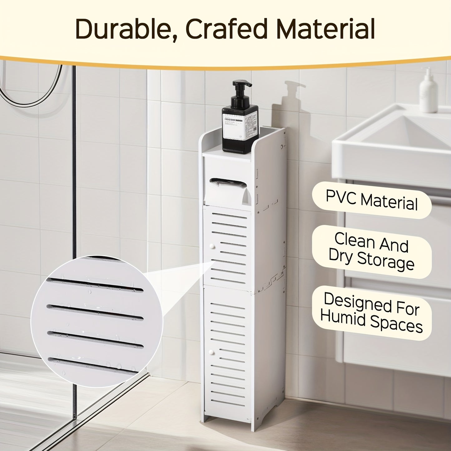 Small Bathroom Storage Cabinet, Slim And Crafted PVC Organizer, Ideal for Tight Spaces, Easy to Assemble And Durable, Multi-Purpose Toilet Paper Holder Cabinet for Bathroom, Bedroom And Living Room, (8Mm Material Thickness)