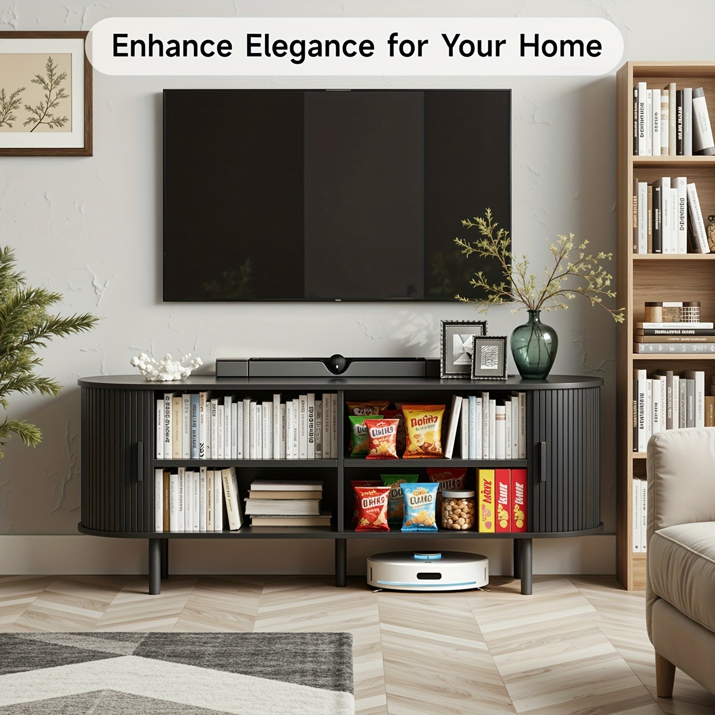 PAZCASA 70.8 Inch/55 Inch TV Stand with Power Outlet for Tvs Up to 75 Inch, Entertainment Center with Storage And Adjustable Shelves, Modern Media Console with Sliding Doors for Living Room, Walnut/Black/Oak