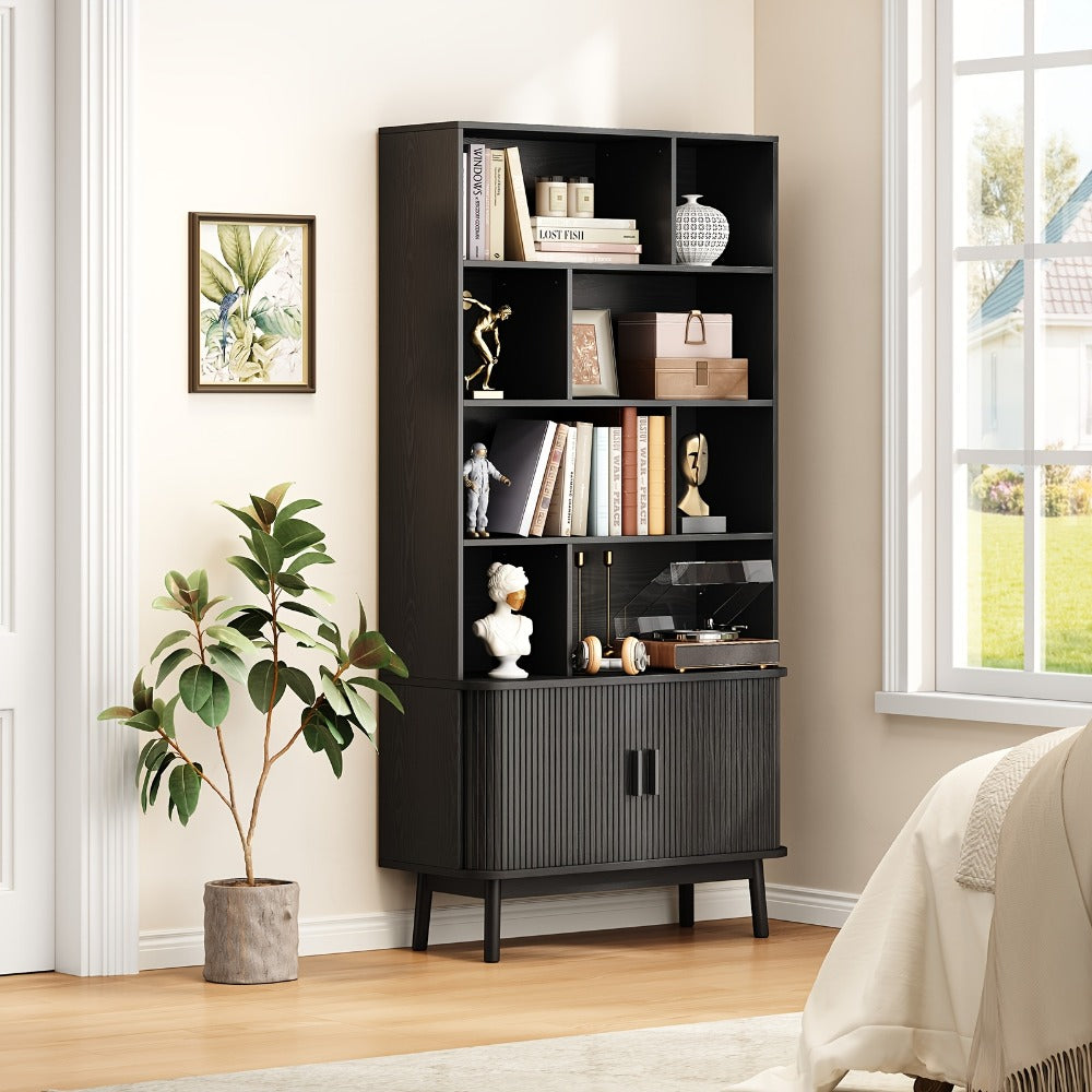 71 Inch Tall Bookcase with Sliding Doors 4 Shelves Storage Cabinet Adjustable Shelves Walnut Mid-Century Modern Home Office Living Room