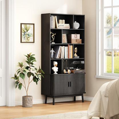 71 Inch Tall Bookcase with Sliding Doors 4 Shelves Storage Cabinet Adjustable Shelves Walnut Mid-Century Modern Home Office Living Room