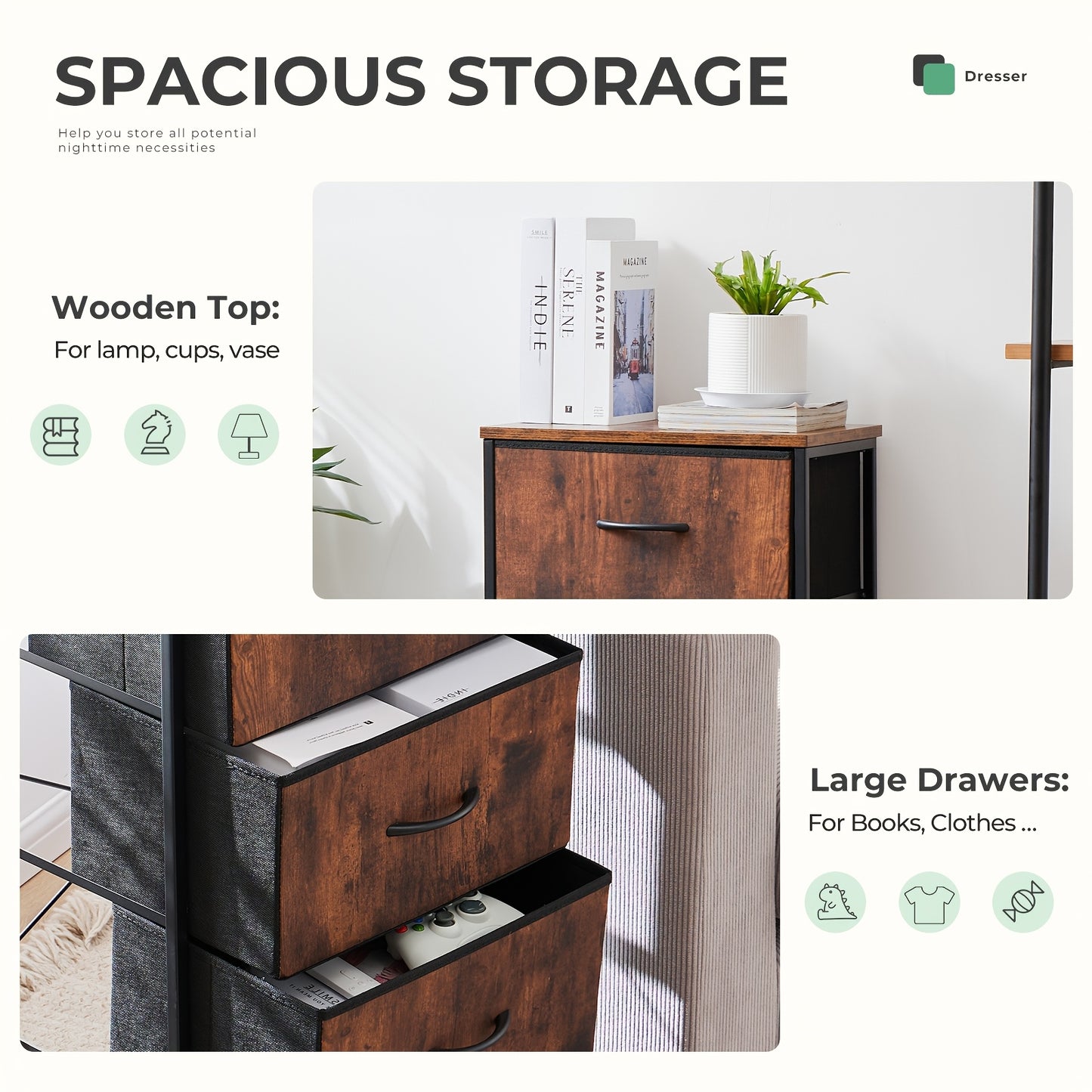 4 Drawer Dresser Organizer Storage Drawers, Chest Of Drawers With Fabric Bin, Steel Frame, Wood Top, Use For Lab, Closet, Black/Brown/White/Gray To Choose