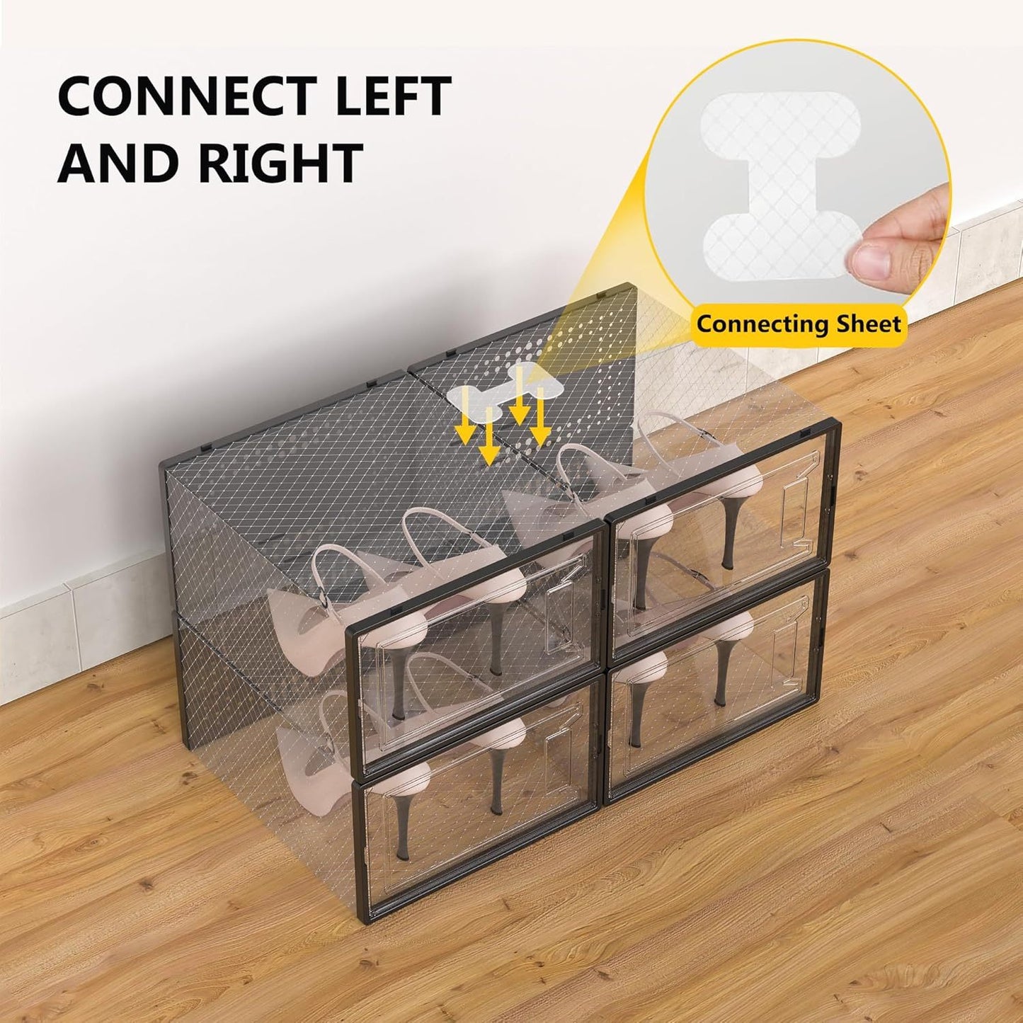 6/12/24 Pack Large Shoe Storage Organizer for Closet, Modular Space Saving Shoe Boxes Clear Plastic Stackable Containers Display Case Bins with Lids, Shoe Rack for Sneaker Storage, White And Black Soceer Shoes