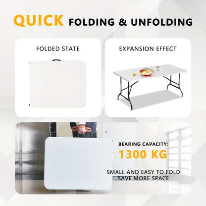 Folding Table 2.5/4/6 FT Portable Heavy Duty Plastic Fold-in-Half Utility Table, Adjustable Height with Carrying Handle for Indoor Outdoor Camping Party Picnic Dining, White & Black