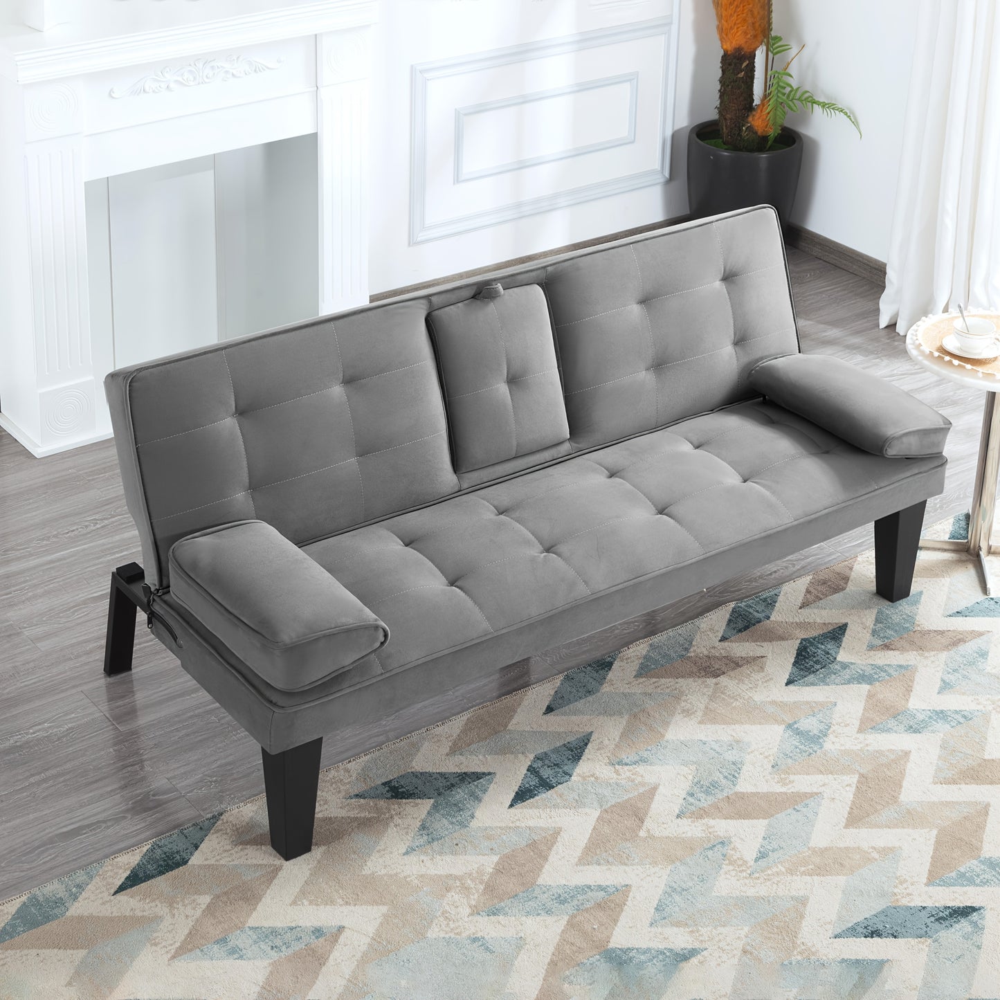 65 Inch Modern Foldable Sofa Bed, Adjustable Lounge Chair with Detachable Armrests And Two Cup Holders for Double Occupancy in The Living Room, Convertible Into a Bed
