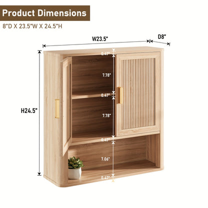 Modern Fluted Bathroom Wall Cabinet, 2-Door Medicine Cabinet with Golden Handles, Wall Mounted Storage Organizer Over The Toilet for Laundry Room & Kitchen