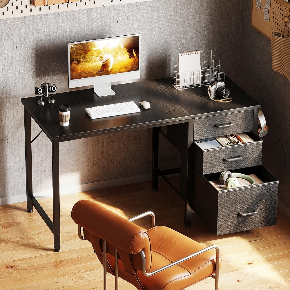 Computer Desk with 3 Fabric Drawers & Hook for Small Space – Home Office Writing Study Table with File Storage, 40"/48" White & Black Bedroom Desk
