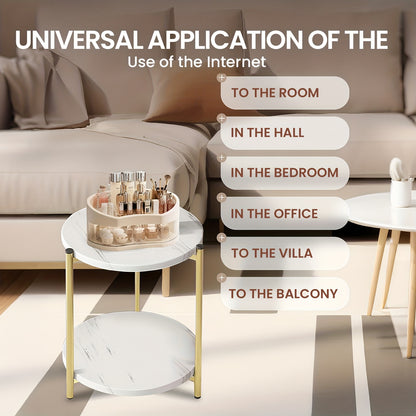 White Marble-Patterned Round Coffee Table, Double-Layer Storage Design, Artistic Modern Roostertail Table in White and Golden, Perfect for Living Room, Bedroom, Daily Use, Decoration, Or as A Gift