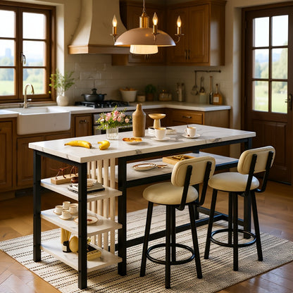 3-Piece Counter Height Dining Table Set with Faux Leather Bar Stools & Storage Shelves - Modern Farmhouse Breakfast Nook Set for Small Spaces, MDF Top & Metal Frame