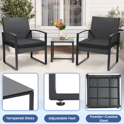 Outdoor Chairs with Bistro Table Furniture Set, Wicker Rattan 3pc Conversation Set includes 2 Waterproof Chairs with Thick Cushions and 1 Bistro Table with Safety Glass Top, Clearance