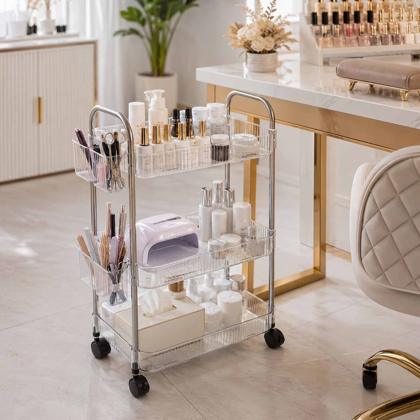 3-Tier Acrylic Rolling Storage Cart with 3 Hanging Storage Boxes, Rolling Cart for Cosmetics, Books, Snacks, Durable Acrylic Material, Under 27" Height, Versatile Bathroom Cart, Utility Carts, Snack Cart, Acrylic Bar Cart