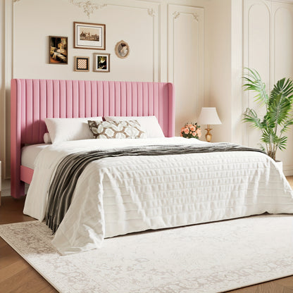 [Velvet Platform Bed Frame] WEEWAY Wingback Velvet Upholstered Platform Bed Frame, Vertical Channel Tufted Headboard, Wooden Slats Support, Heavy Duty Mattress Foundation, No Box Spring Needed, Easy Assembly, Avabliable Full/Queen/King Size, Free Shipping
