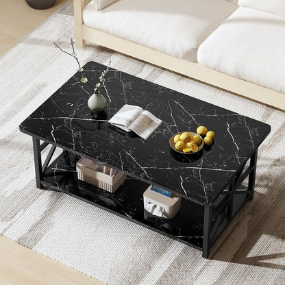 LTTROMAT Modern Coffee Table for Living Room, Faux Marble 2-Tier Coffee Table with MDF Broad & Metal Frame, Farmhouse Style Rectangular Center Table for Small Space, Space Saving Tea Table for Bedroom, Kitchen, Office