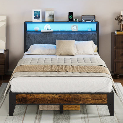 Metal Bed Frame with LED Lights, Headboard with Storage Shelves and Type-C USB Charging Port, Platform Bed No Box Spring Needed, Twin Full Queen King