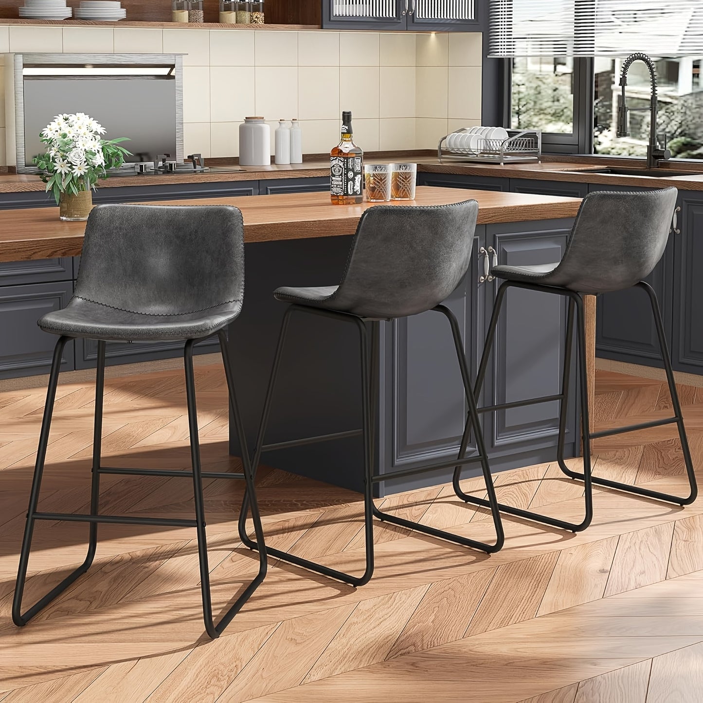 Bar Stools Set Of 3/2, Faux Leather Counter Height Bar Stools, 26" Modern Barstools With Metal Legs & Footrest, Upholstered Armless Counter Chairs With Soft Cushion Back For Kitchen Island, Living Room