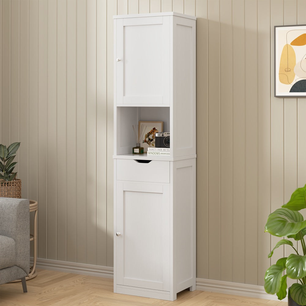 5-Tier Narrow Freestanding Storage Cabinet with 1 Drawer & 2 Doors White, Space-Saving Tower Shelf Floor Cabinet for Bathroom Kitchen Living Room Small Spaces