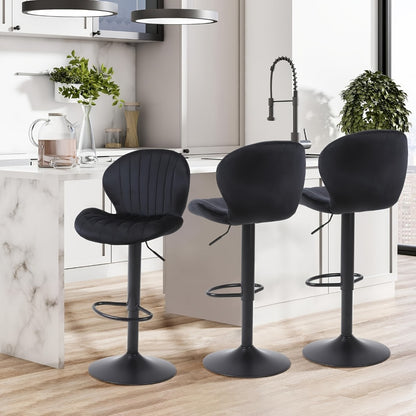 Velvet Bar Stools Set of 2 or 3 with Back & Footrest, Height Adjustable Swivel Counter Stools Shell Shape Kitchen Island Chairs 300 LBS, Green Blue Black Gray