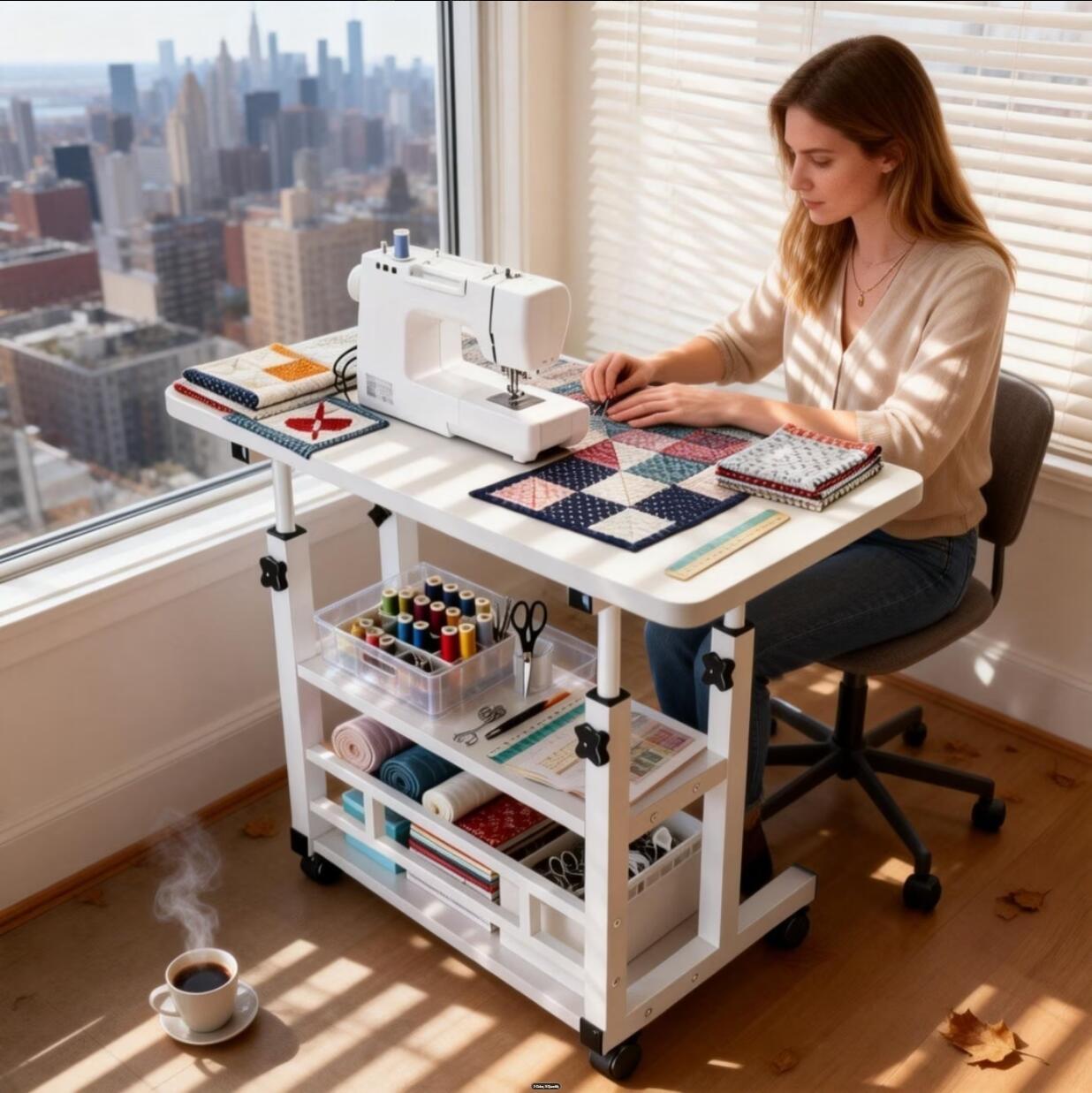 Adjustable Height Wheeled Mobile Table | Movable Multi-Purpose Side Table/Folding Table With Reinforced Frame And Lockable Wheels, Sewing Table With Lift Stand, Available In Black/White - Ideal For Bedrooms, Living Rooms, Studies, Small Spaces