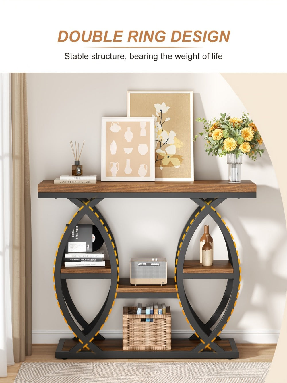 Console Table 39 Inch with 4-Tier Storage Shelves, Narrow Entryway Sofa Table Wood & Metal Frame for Hallway, Living Room & Small Spaces
