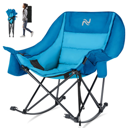 Oversized Rocking Camping Chair, Fully Padded Patio Chair with Cooler Bag and Side Pocket, High Back Portable Lawn Recliner Rocker Chairs for Camp, Patio, Supports 400 lbs