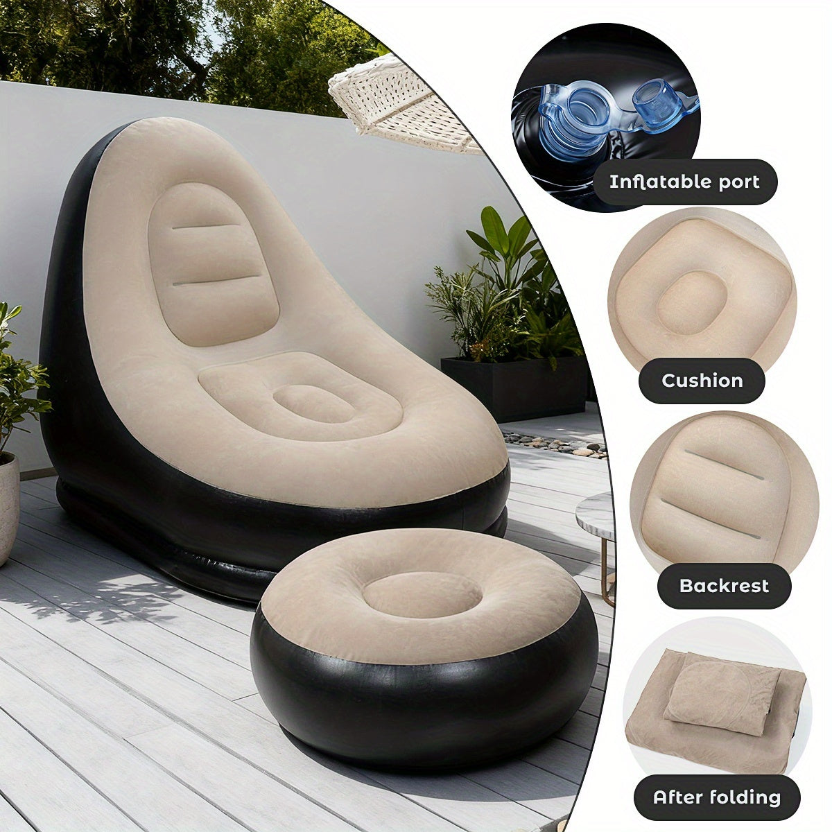 Adult Inflatable Deck Chairs Recliner with Foot Stool Inflatable Patio Lounge Sofa with Foot Pump Heavy-Duty Portable Folding Air Couch Ultra Lounge Space-Saving Indoor/Outdoor Lounge Chair for Living Room Camping Travel Balcony-Easy Setup & Storage