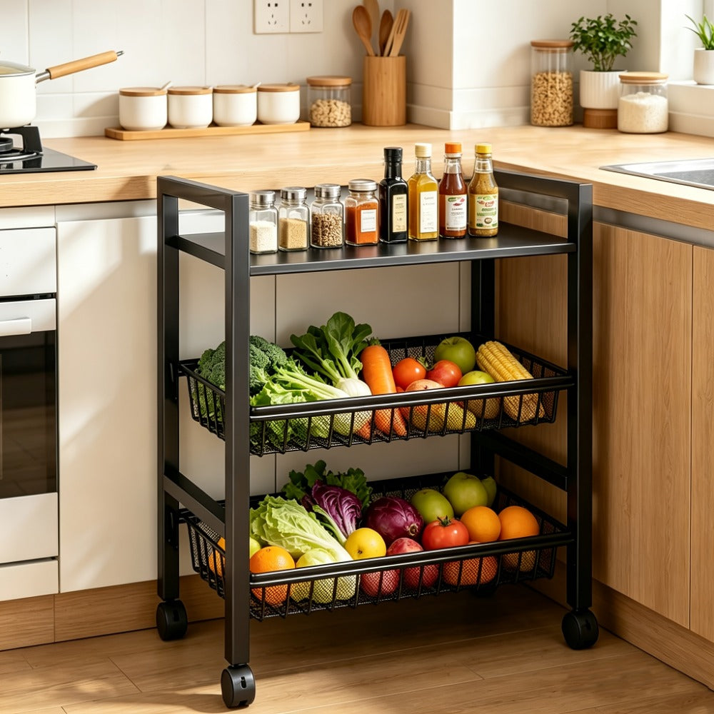 Rolling Baker's Rack with Mesh Baskets & Adjustable Shelves – Metal Frame Kitchen Storage Shelf on Wheels for Kitchen, Bathroom, Living Room & Office