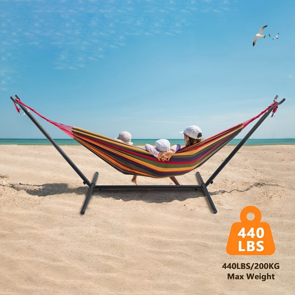 Adjustable Hammock Stand 440 LB Capacity – Heavy-Duty Portable Steel Frame with 6-Level Height Adjustment & Anti-Slip Feet for Camping, Garden, Patio, Backyard & Beach (Hammock Not Included)