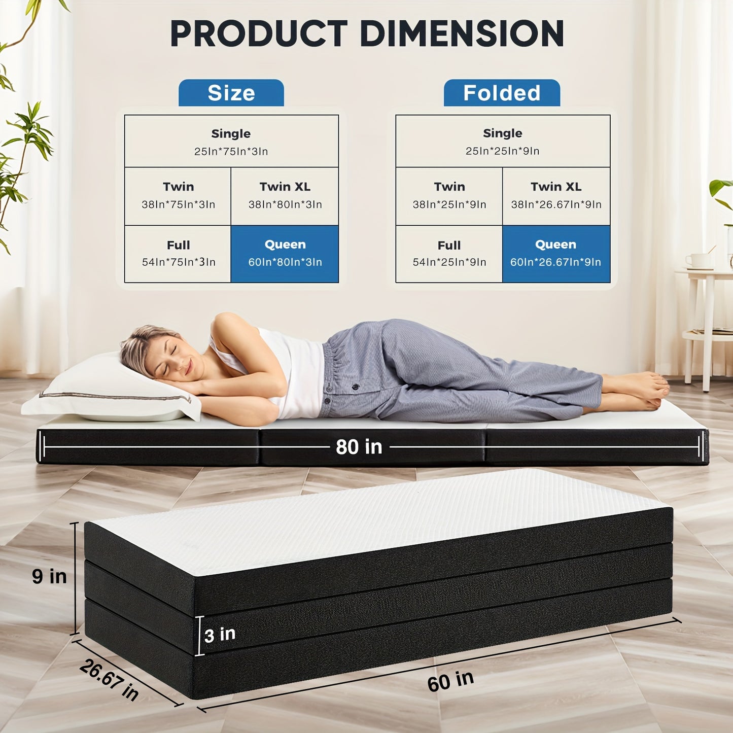 Portable Tri-fold Mattress, Folding Memory Foam Mattress Topper for Camping, Foldable Mattress Topper with Washable Cover, Guest