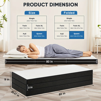Portable Tri-fold Mattress, Folding Memory Foam Mattress Topper for Camping, Foldable Mattress Topper with Washable Cover, Guest