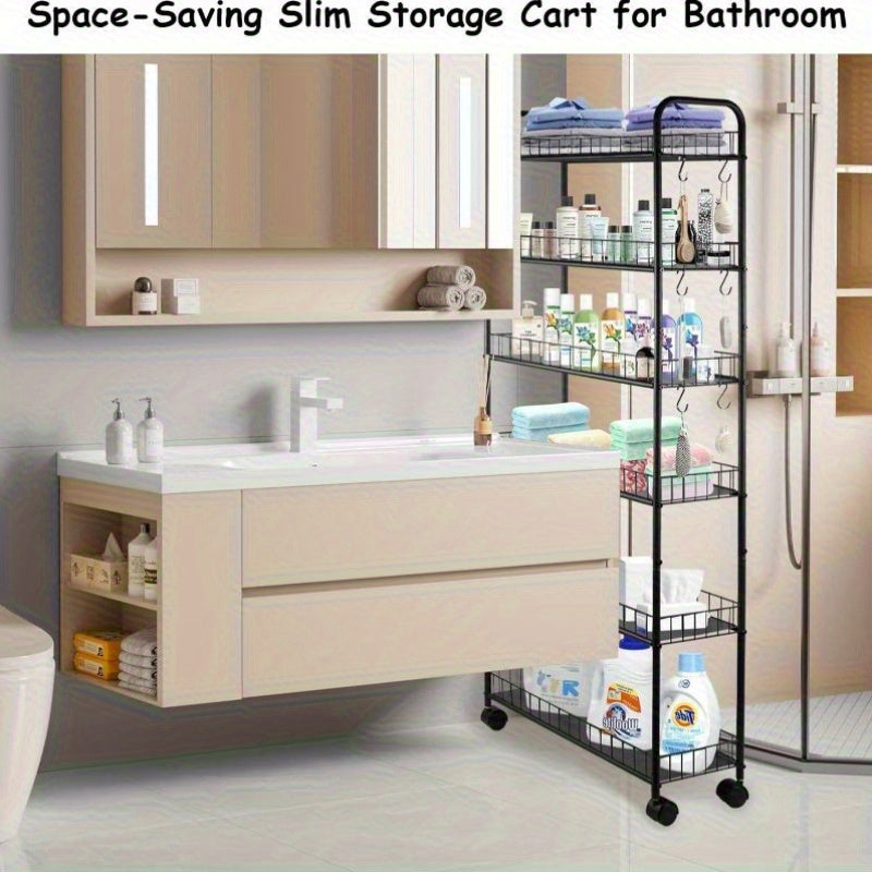 A Slim, Six-Tiered Storage Cart on Wheels, Designed for Utility And Mobility, Perfect for Organizing Spaces in The Kitchen Or Bathroom. Available in Black, with Dimensions Ranging from 6 to 10 Inches