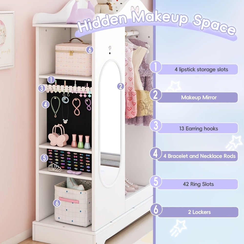 Kids Armoire with Jewelry Cabinet, Kids Dress Up Storage wth Shelves, Girls Wardrode Costume Organizer with Mirror, Children Closet with Armoire for Bedroom, Kids Room, Girls, Kids Room Furniture, Bedroom Storage, Stylish Kids Wardrobe, Playful Design, Ha