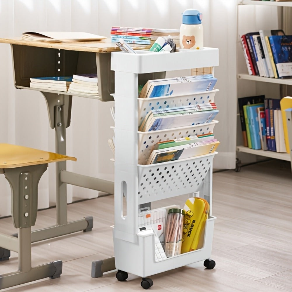 Mobile Rolling Bookshelf Storage Unit – Multi-Tier Beside-Desk Organizer for Students, Home & Classroom, White Green Pink Yellow