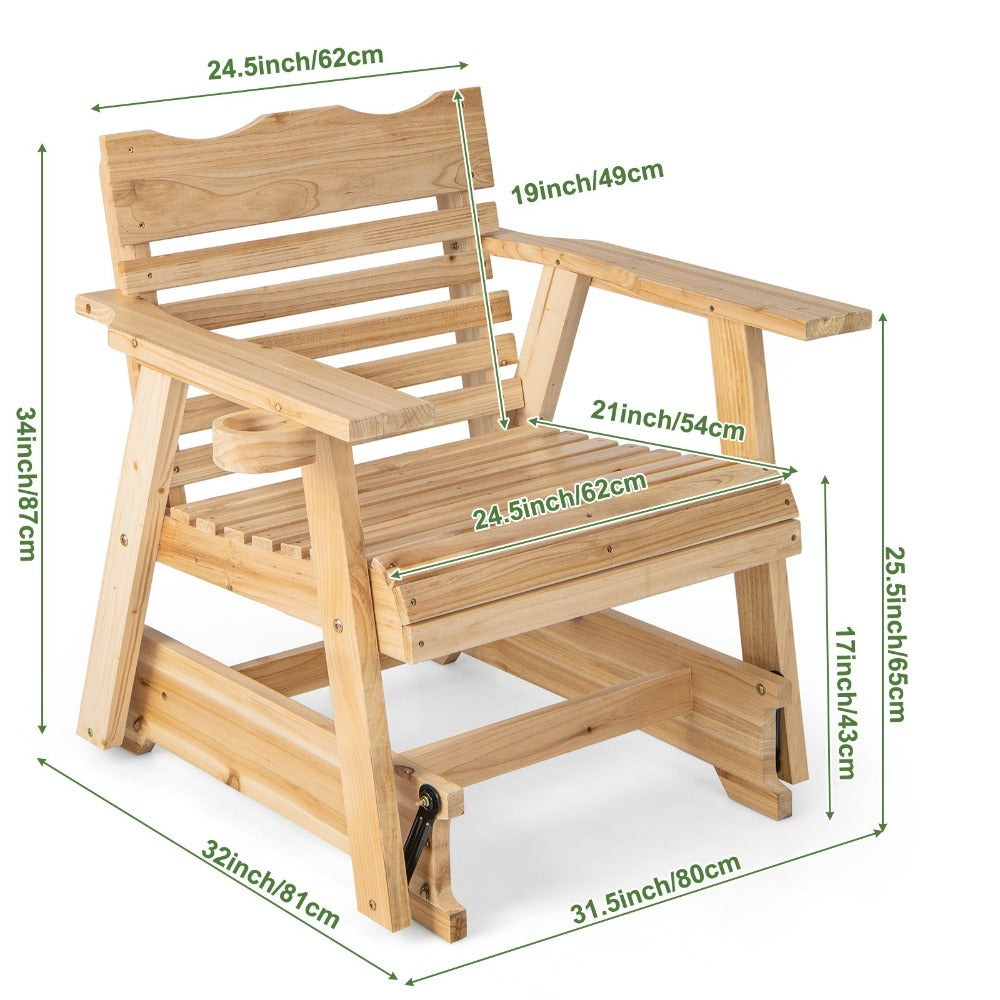 Solid Wood Patio Rocking Chair with High Backrest, Curved Seat, Wide Armrests, Hidden Cup Holder, Porch Rocker Slatted Chair for Backyard Balcony Poolside, 330 LBS Strong Loading