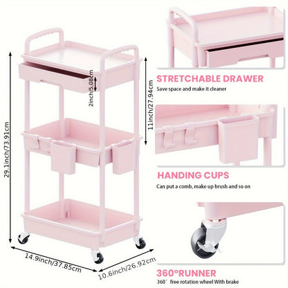 3-Tier Rolling Cart with Drawers Lockable Wheels Cup Holder Hooks Plastic Storage Organizer for Kitchen Bathroom Living Room Office Salon Black Grey Green Pink White