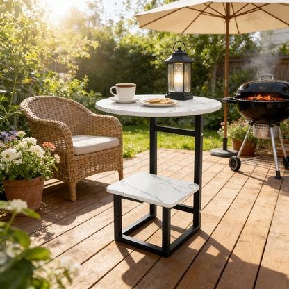 [Outdoor Round Side Table] Outdoor Round Side Table With Double-Layer Storage Shelf, MarbleTexture Imitation Stone Courtyard End Table, Sturdy Black Metal Frame, Weather-Resistant Side Table Is Suitable For Balcony Coffee Corner, Small Space Courtyard/Ter