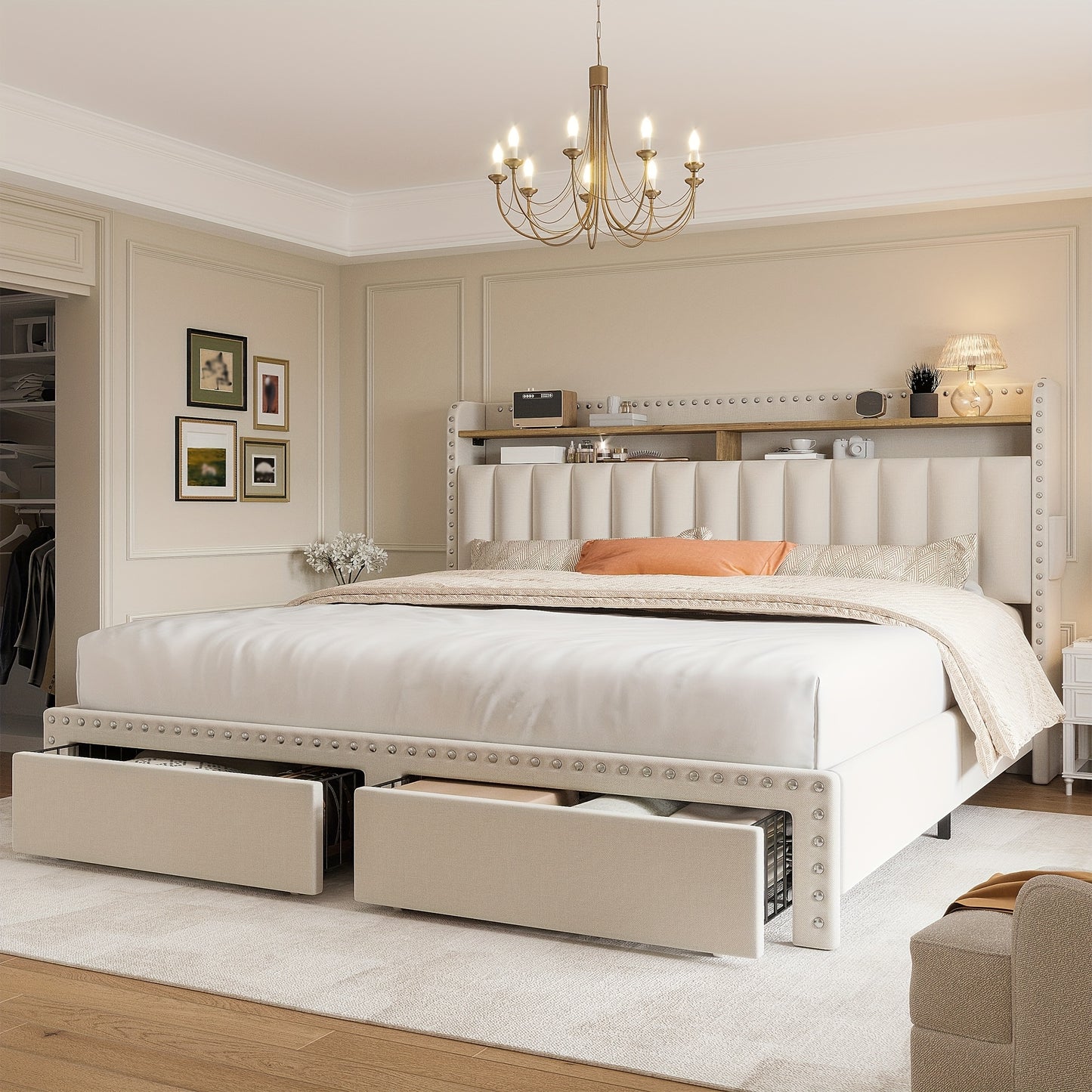 King Size Upholstered Bed Frame with Storage, 2-Tier Headboard And 2 Drawers, Sturdy Wood Slats, No Box Spring Needed, Noise-Free, Modern Grey/Beige, Easy Assembly, Space Saving
