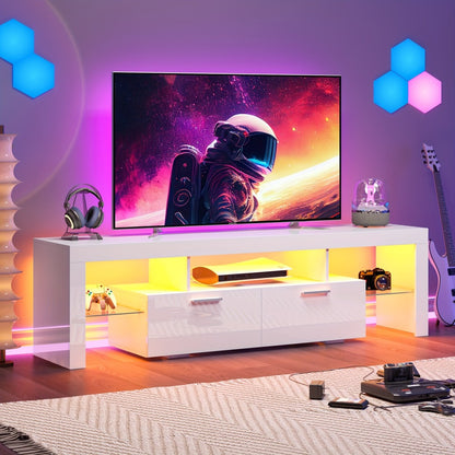Contemporary LED TV Stand with Storage Drawers, High Gloss Media Console Table for TVs up to 80 Inch, Entertainment Center for Living Room Game Room Bedroom, 51" 63" 71" Sizes Black White Brown