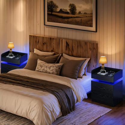Smart LED Nightstand with Charging Station – Narrow Bedside Table 2 Drawers, Entryway Side Table, Black White, 1pc or 2pcs Set for Bedroom Living Room