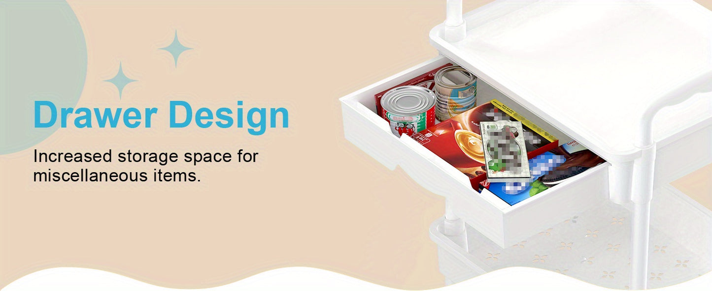 [Wedding Decorations Gift] Multi-Functional 3/4 Tier Rolling Storage Cart With Drawers - Durable Plastic Organizer With Lockable Wheels, Cup Holder & Hooks-Space-Saving Solution For Kitchen, Bathroom, Living Room - Ideal For Kitchen Accessories, Wedding D