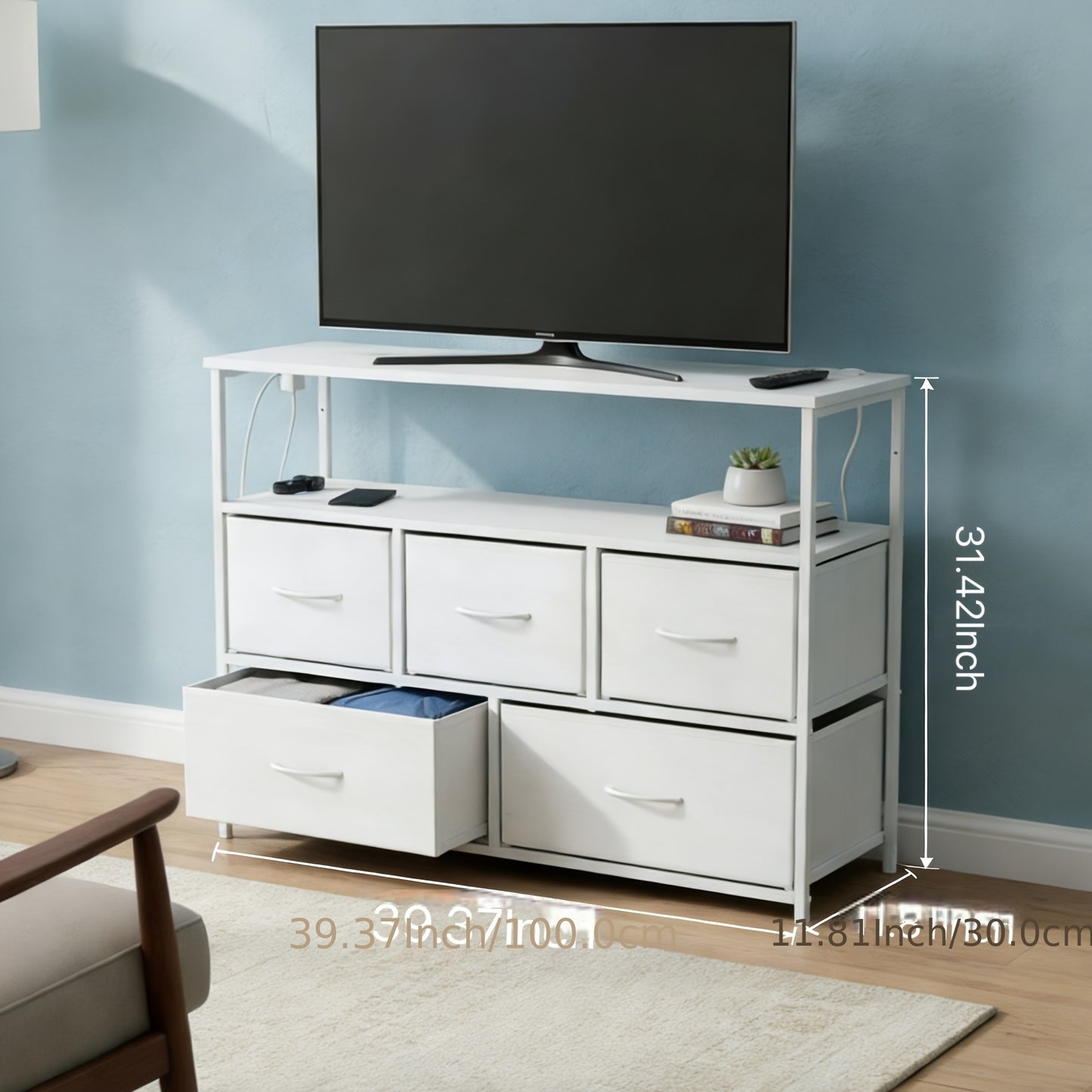 5-Drawer TV Stand Dresser Suitable for 45" Tvs - Media Console Featuring a Charging Station, 2 Shelves, And Storage for Living Room Or Bedroom