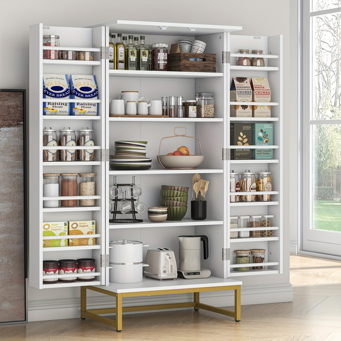 51" Modern Kitchen Pantry Cabinet with 6 Adjustable Shelves, Multi-Function Storage Cabinet with Golden Metal Base, Versatile Large Buffet Cupboards Sideboard for Dining Room, Bathroom, Living Room, Laundry, White And Golden