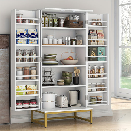 51" Modern Kitchen Pantry Cabinet with 6 Adjustable Shelves, Multi-Function Storage Cabinet with Golden Metal Base, Versatile Large Buffet Cupboards Sideboard for Dining Room, Bathroom, Living Room, Laundry, White And Golden