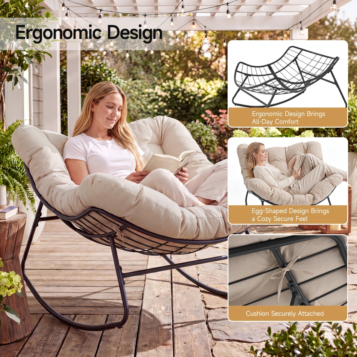 Outdoor Papasan Rocking Chair, 450 Lbs Oversized Comfy Patio Chair with Thickened Cushion, Egg Rocking Chairs, Rocker Chairs for Patio Porch Garden