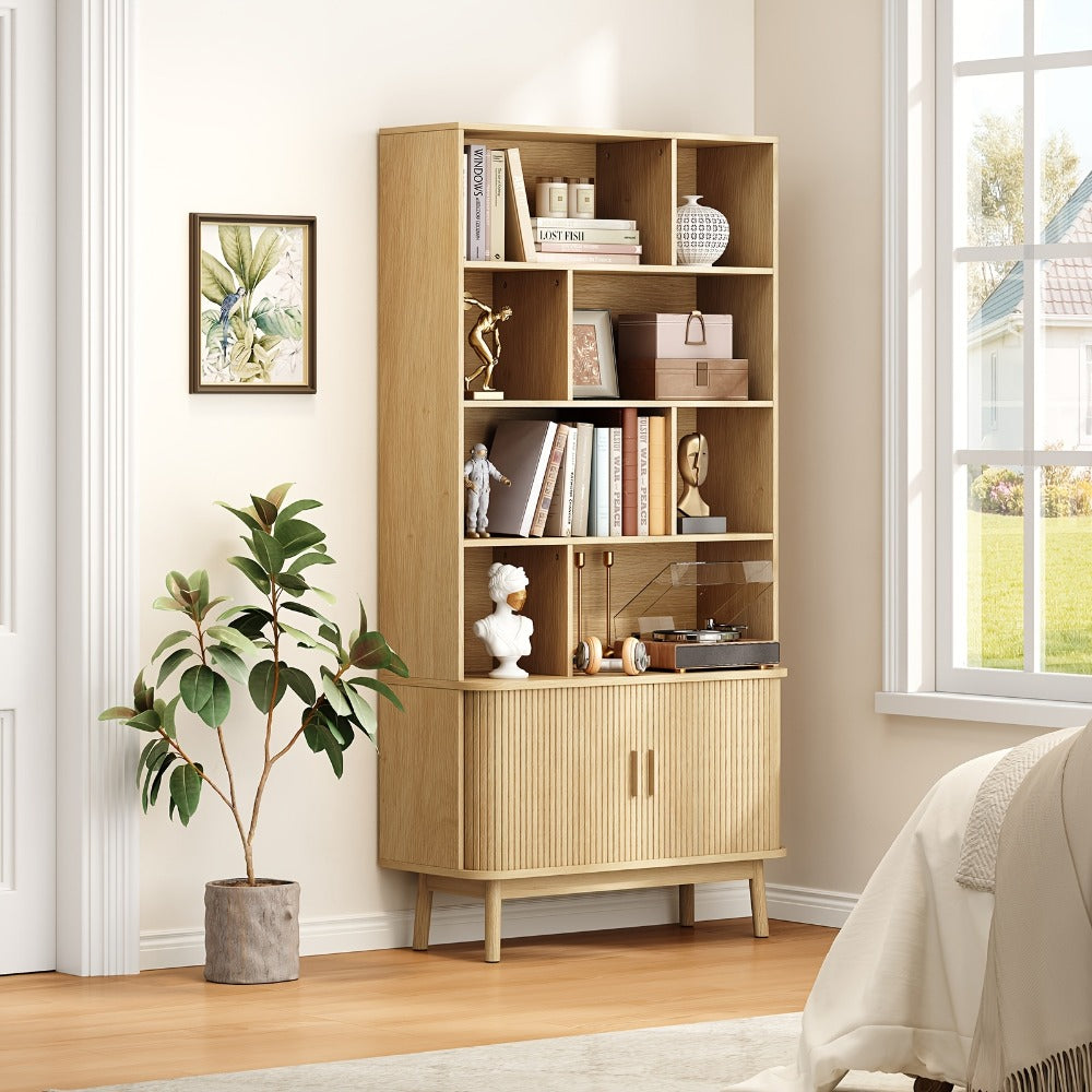 71 Inch Tall Bookcase with Sliding Doors 4 Shelves Storage Cabinet Adjustable Shelves Walnut Mid-Century Modern Home Office Living Room