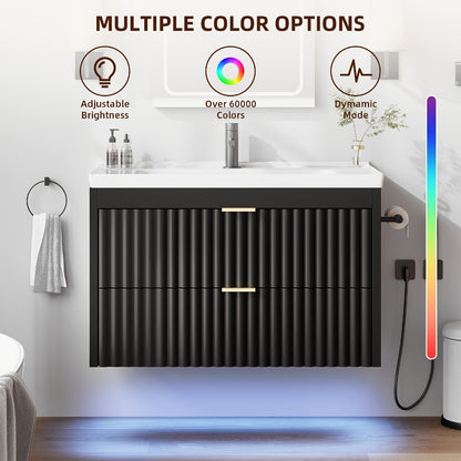 24 Inch Floating Bathroom Vanity with Sink & LED, Wall Mounted Cabinet with 3-Hole Ceramic Sink Wave Line Design 2 Soft-Close Drawers for Small Bathrooms Black White