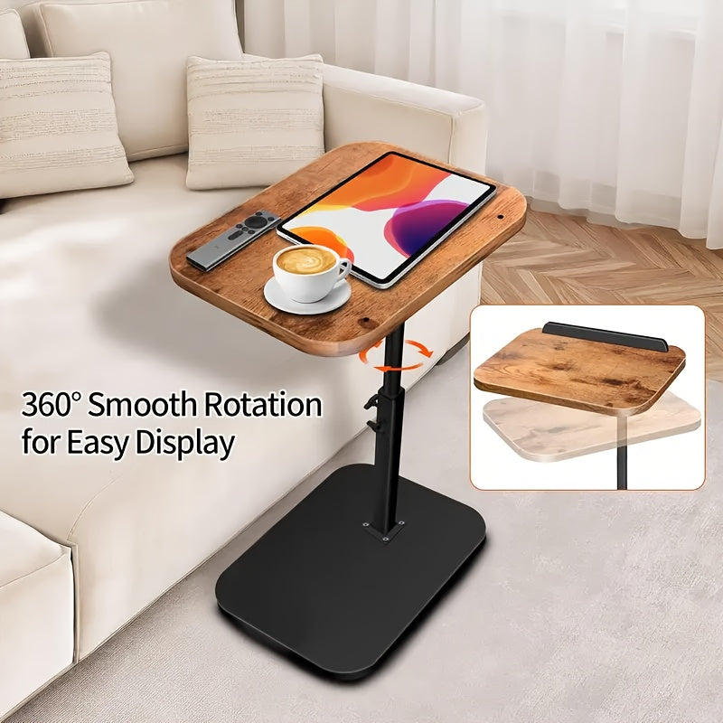 360° Rotatable C-Shaped Table, Adjustable Height Sofa Side Table, Bedside Table with Height to Your Liking, Metal And Solid Wood Stable Structure, Coffee Table, Small Desk, Suitable for Bedroom Office