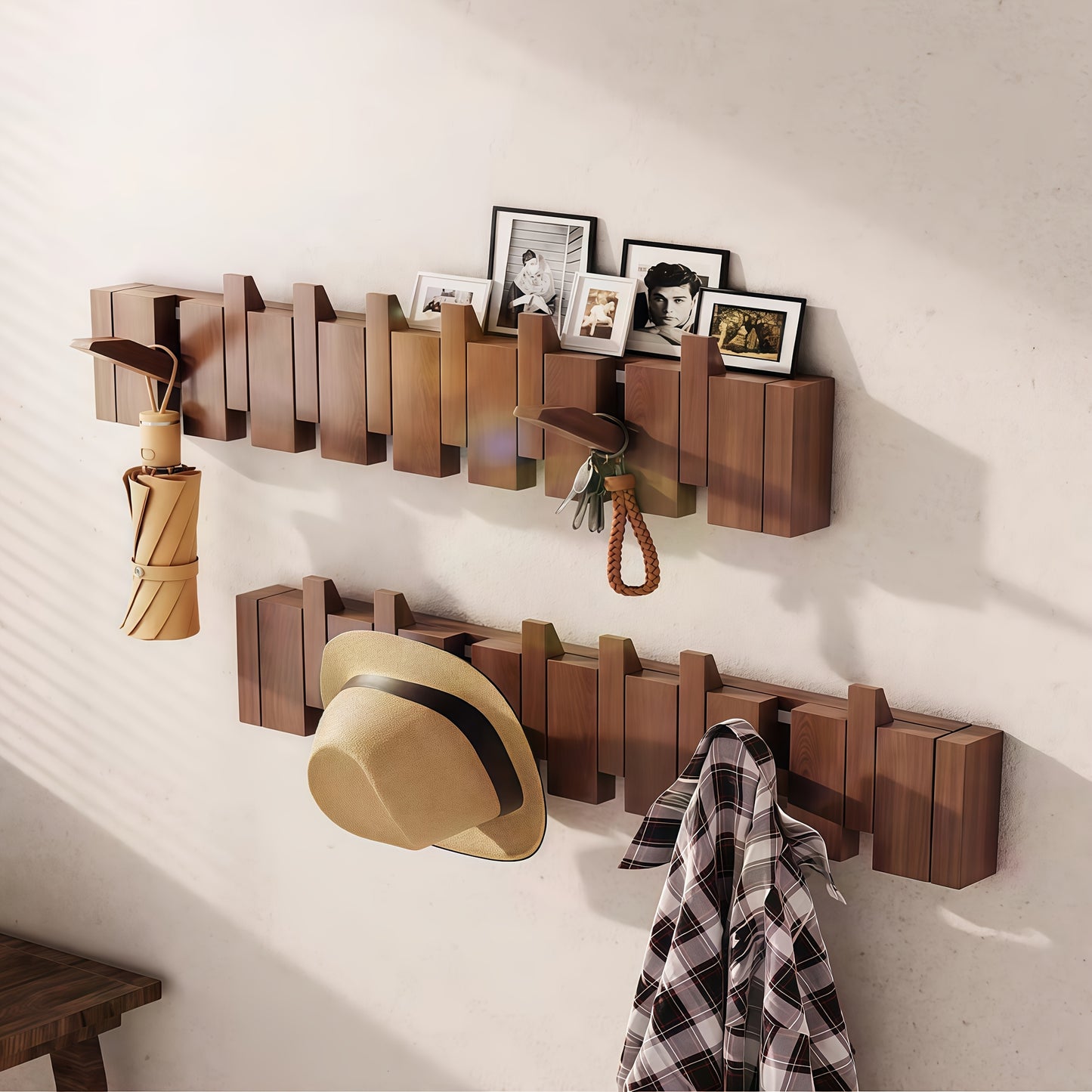 1pc Natural Wood Wall-Mounted Coat Rack with 10 Hooks - Piano-Shaped Accordion Design, Walnut Finish, Space-Saving Vertical Storage for Entryway, Bedroom, Bathroom - Easy Assembly, No Batteries/Electricity, Durable Multi-Purpose Organizer for Coats, Hats,
