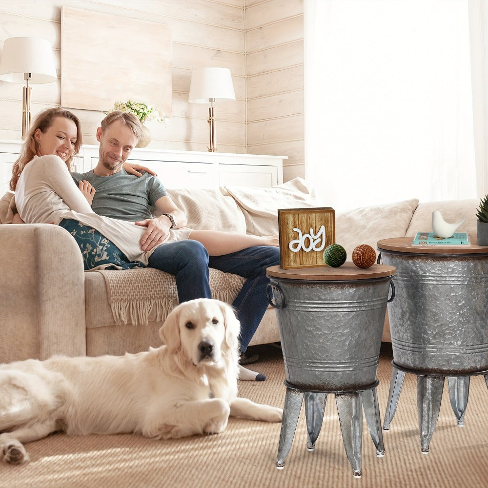 Set of 2 Rustic Farmhouse End Tables with Round Wood Lids, Galvanized Metal Nesting Accent Side Tables for Living Room Bedroom Entryway, Stackable Vintage Décor Tables in Galvanized Black Distressed White