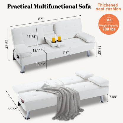 67"modern Convertible Futon Sofa Bed - Two Thicknesses Of Seat Cushion to Choose From Adjustable Folding Bed with Detachable Armrests And Cup Holders, Space Saving Design for Living Rooms, Apartments, And Dormitories, Modern And Durable Interior