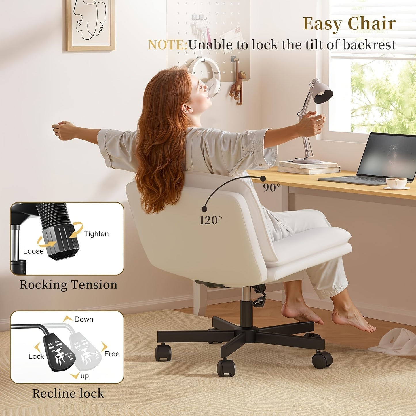 27" W Criss Cross Chair With Wheels, Cross Legged Office Chair, Comfy Vanity Chairs With Wheels And Back, Swivel Armless Office Chairs, 2-Layer Cushion, Height Adjustable, Home Office